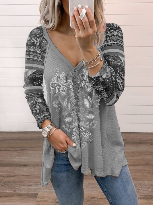 V-neck Pullover Print Long-sleeved Loose T-shirt Women's Top
