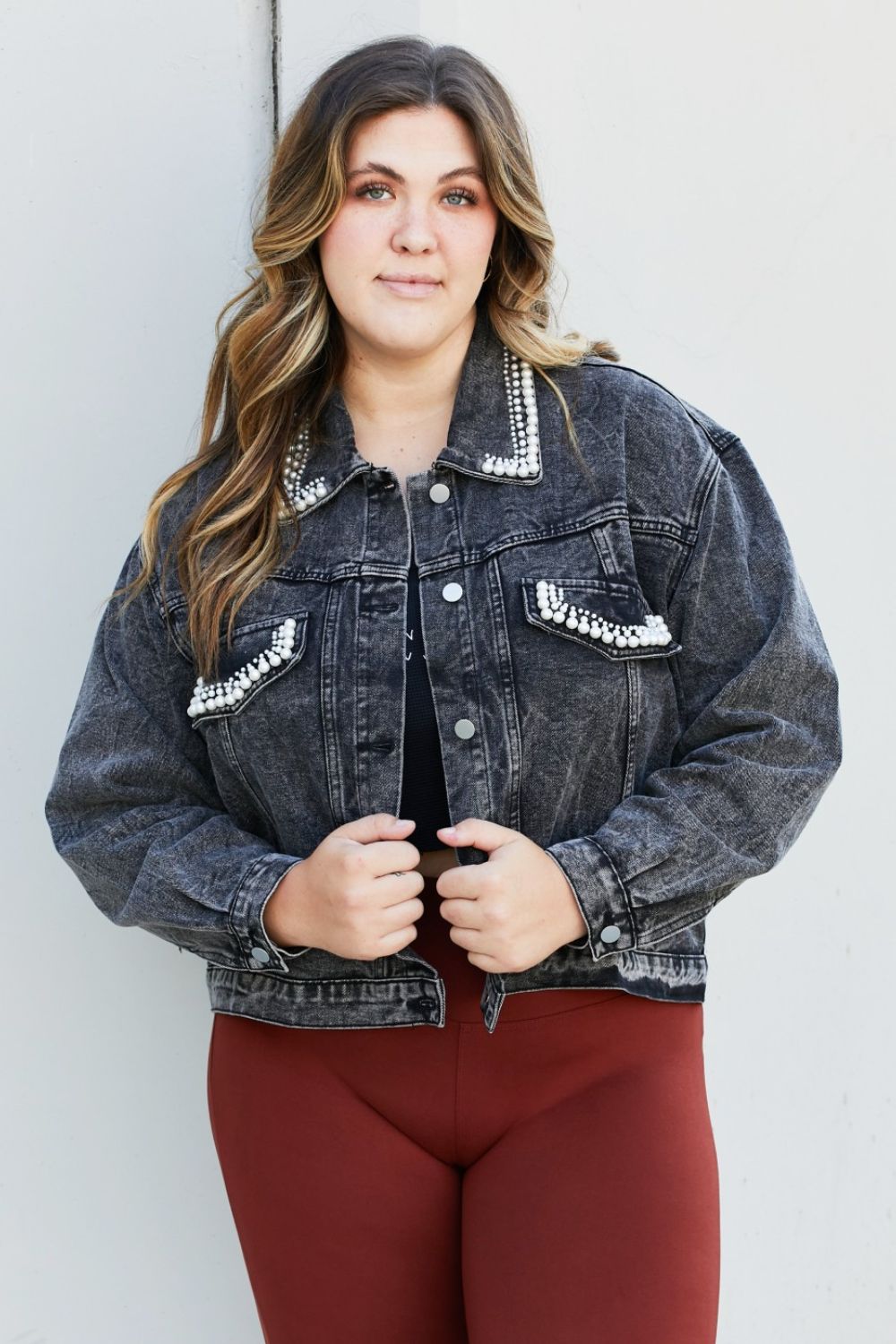 Andree by Unit Full Size Bead Detail Cropped Denim Jacket